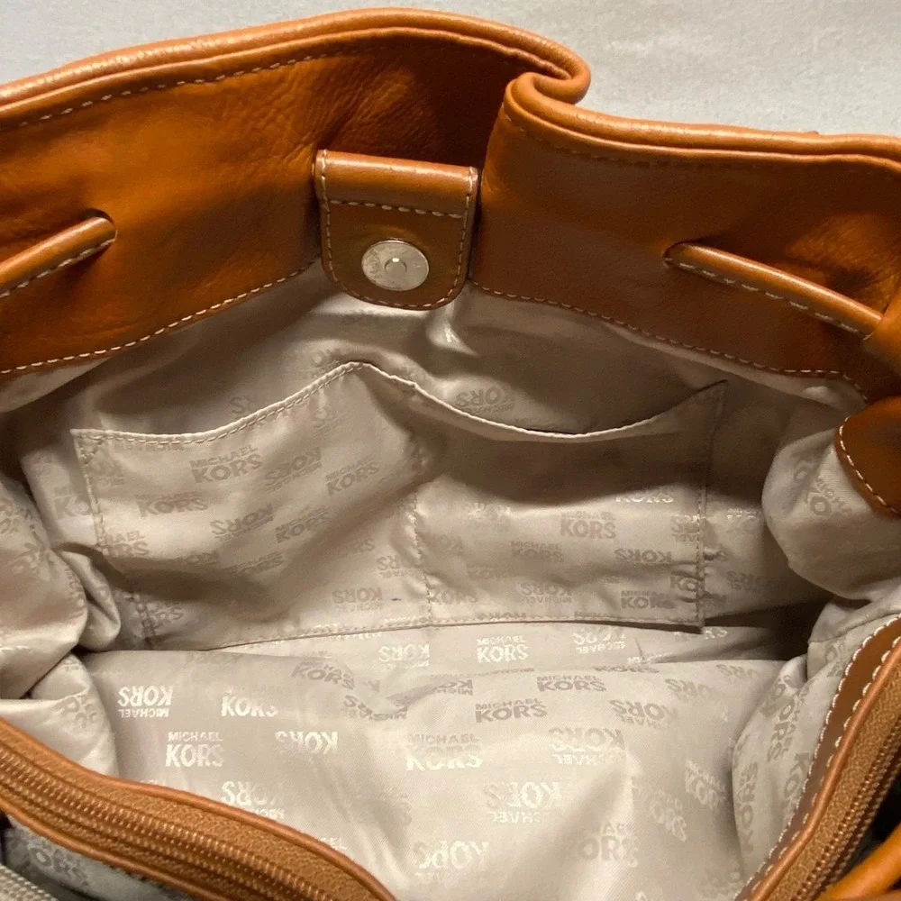 Michael Kors Brookville Large Tote Bag MK Saddle Khaki Canvas Brown Leather EUC